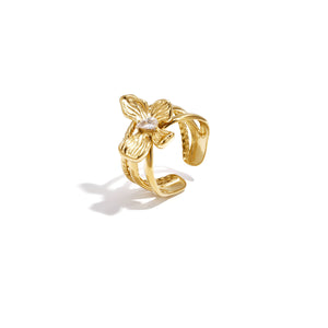 Layered statement ring with flower and stone